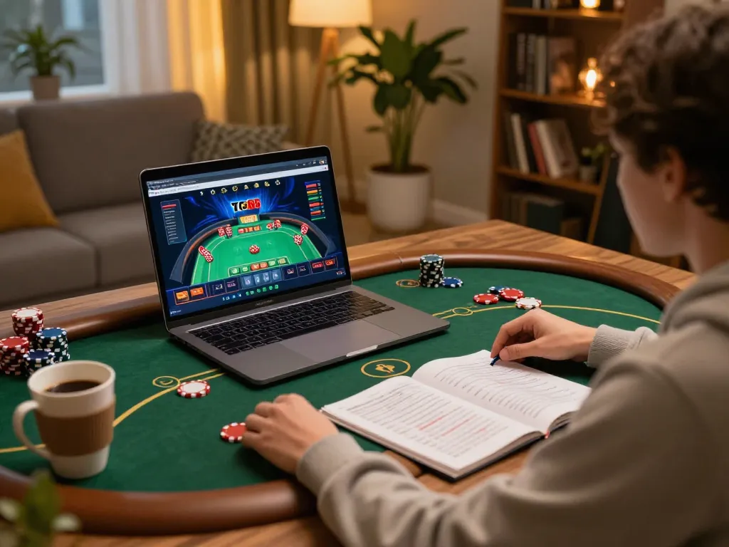 Engaged player strategizing at TG88 online casino on a laptop in a cozy home setup