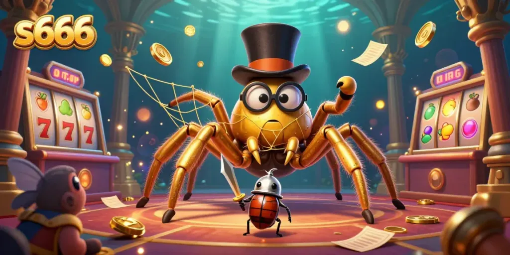 Engage in thrilling casino games at s666 with a whimsical golden tarantula and beetle knight illustration.
