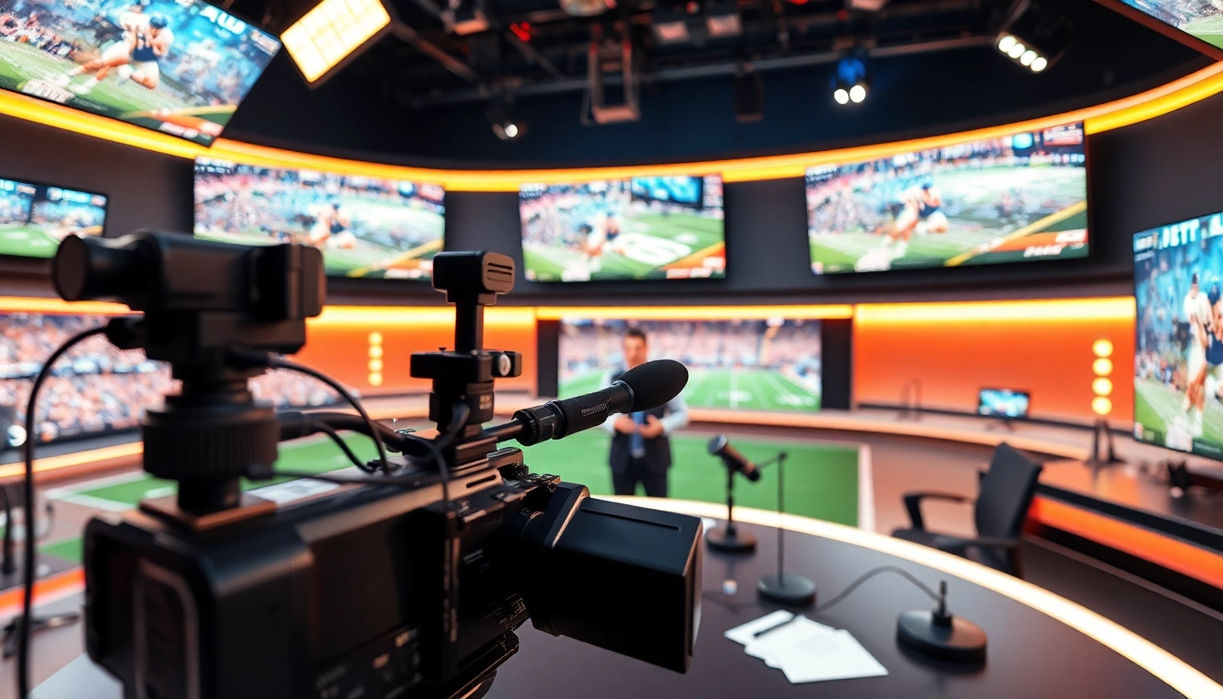 Engaging scene of sports broadcasting showcasing a lively presenter and modern technology.