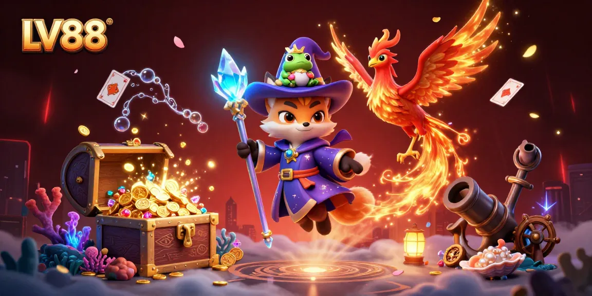 Engage in LV88's dynamic gaming world with a vibrant wizard, phoenix, and enchanted treasures.