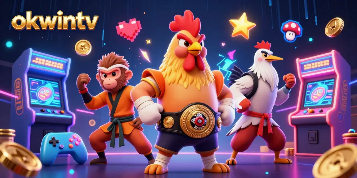 Experience thrilling betting with okwintv through a vibrant 3D illustration featuring a Muay Thai rooster and Shaolin monkey, set in a dynamic gaming scene.