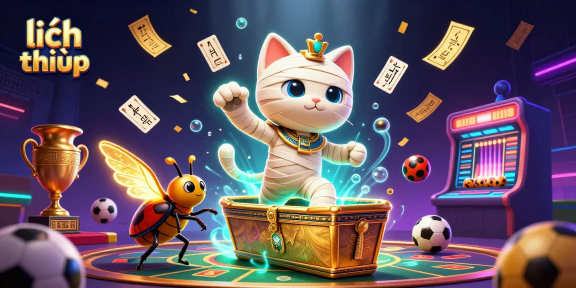 Bet on lịch thi đấu with an energetic sports betting scene featuring a cartoon mummy cat, golden sarcophagus, and dynamic betting elements.