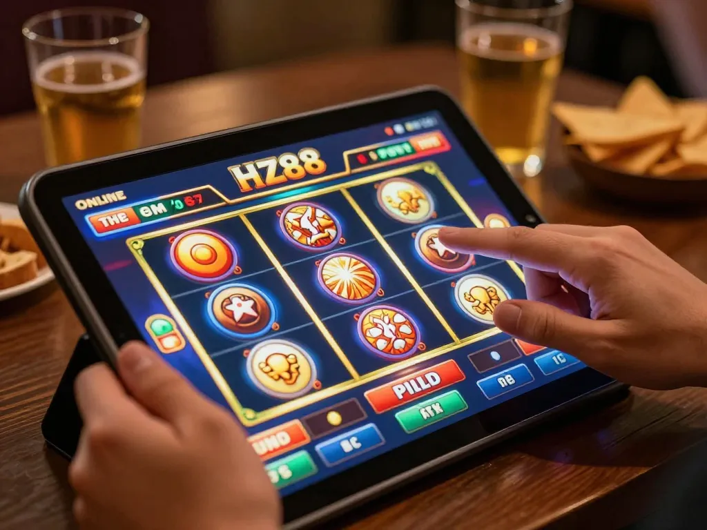 Engaged HZ88 player ready to spin slot game on mobile tablet amidst cozy home setup.