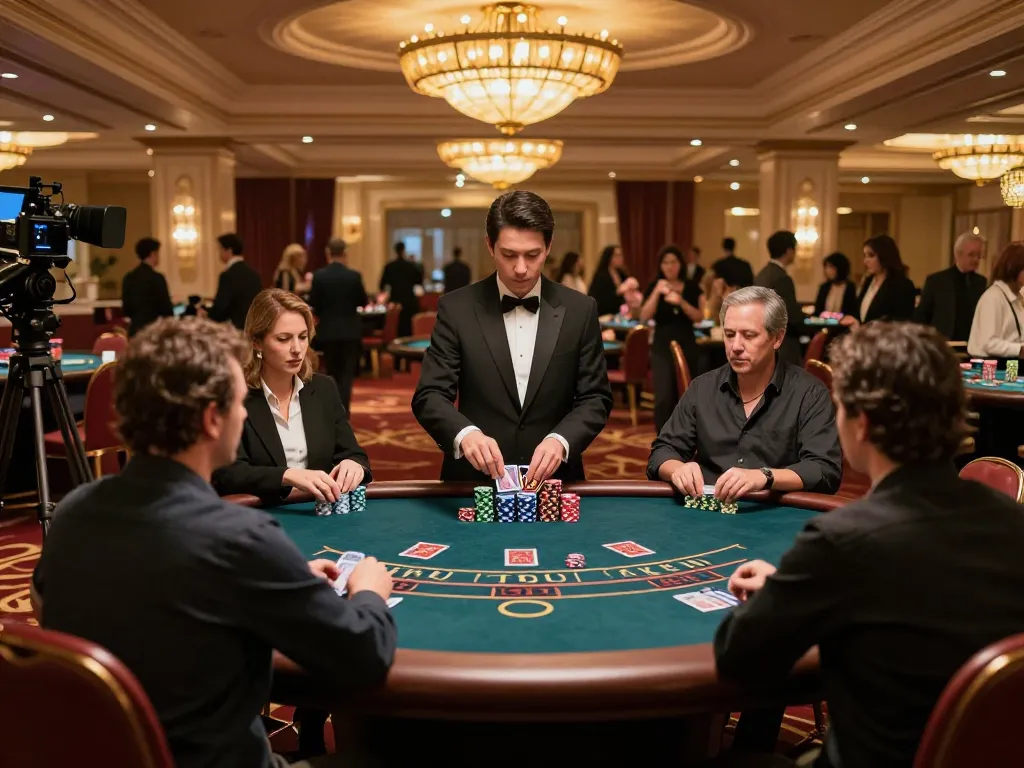 Players engage in blackjack at a vibrant casino floor while enjoying 78WIN gaming excitement