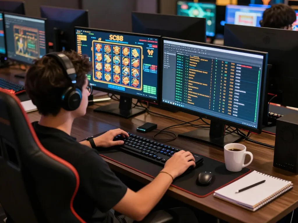 Engaging in sc88 gambling strategy while analyzing gameplay data on dual screens