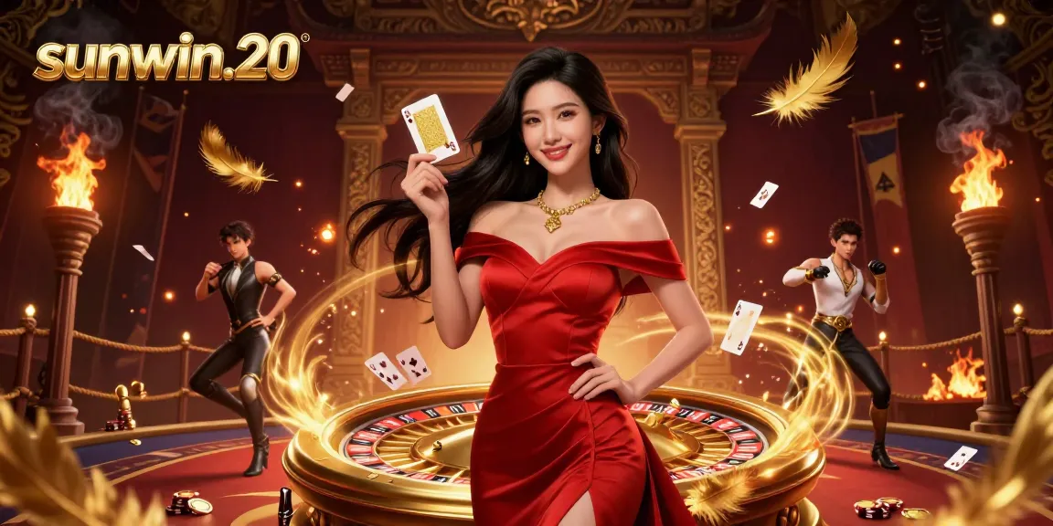 Experience the thrill of gaming with sunwin.20, featuring a vibrant casino scene with a confident Asian dealer and dynamic elements.
