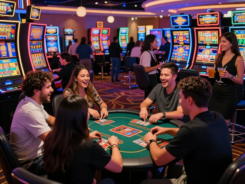 Players enjoying the Lucky 88 slot machine, vibrant casino atmosphere filled with excitement.