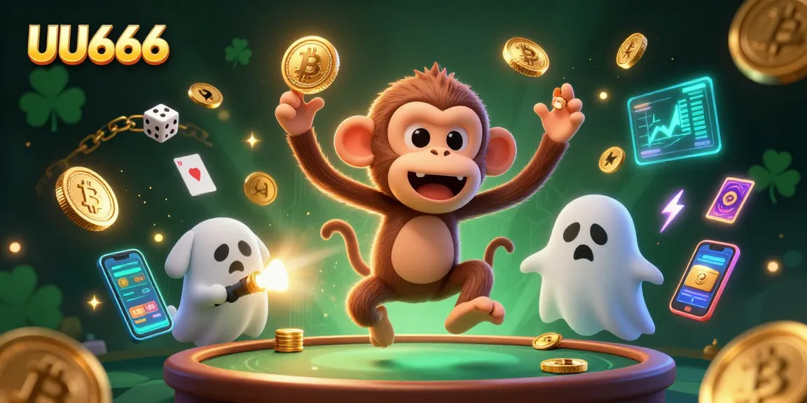 Experience the thrill of UU666 with a lively ghost-hunting puppy chasing a poltergeist monkey in a vibrant online casino.