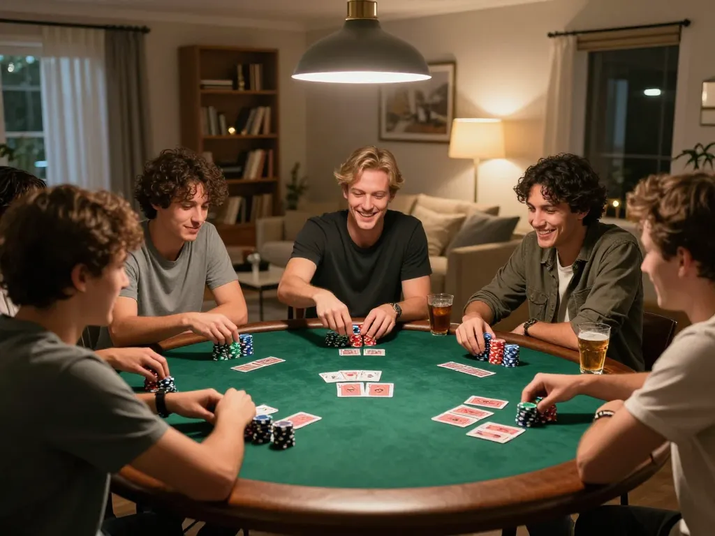 Pemain menikmati malam permainan poker yang ramah dengan ap686 di meja, memamerkan chip dan kartu.