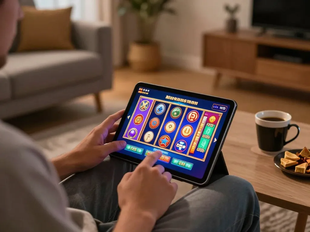 Engaging gameplay on 33win slots platform in a cozy home setting.