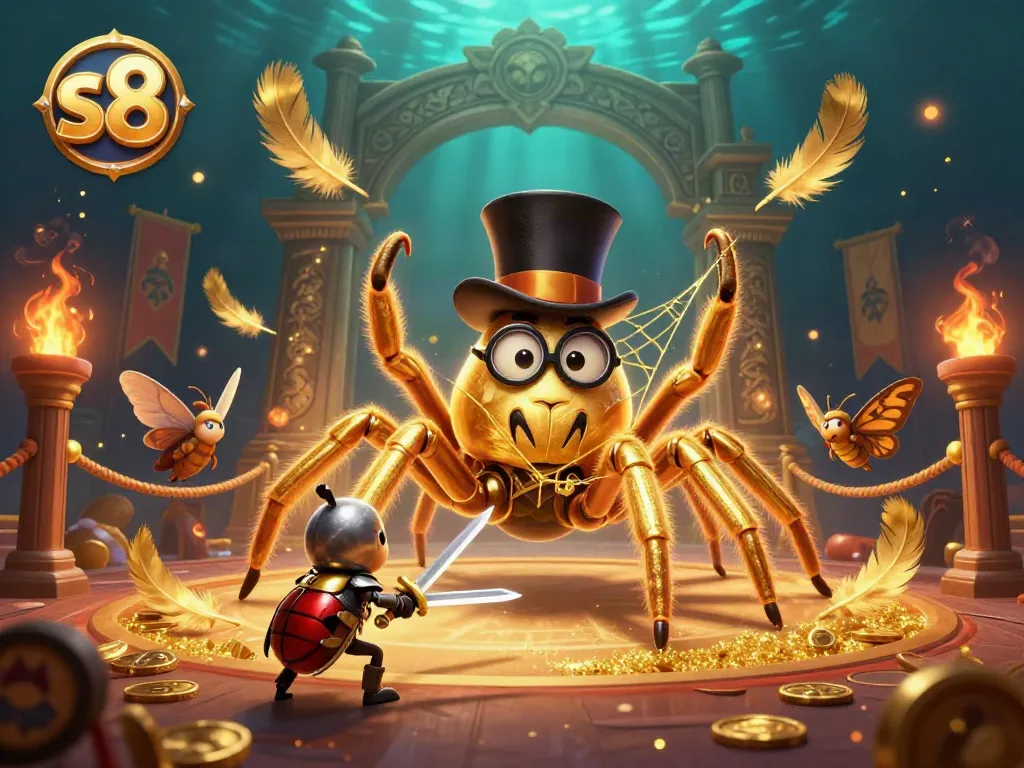 Experience thrilling gameplay with s8 as a golden tarantula and knight face off amidst casino riches.