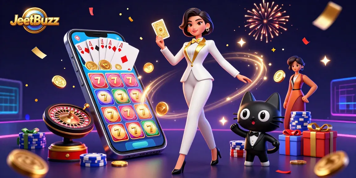 Engage with JeetBuzz as a glamorous dealer interacts with a playful tuxedo cat amidst vibrant casino elements.