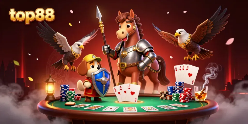 Engage in top88 gaming with a knight, puppy, and falcon at a dynamic poker scene.
