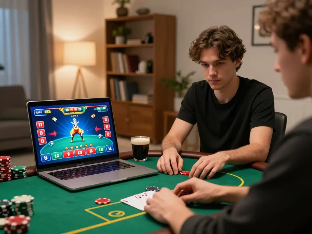 Engaging online poker gameplay showcasing 壹發娛樂 on a laptop in a cozy modern home
