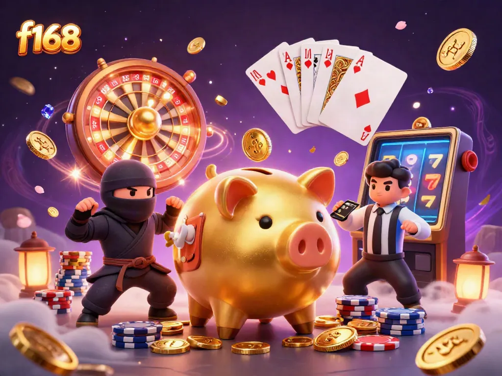Experience the excitement at F168 with dynamic cartoon characters in a vibrant casino setting.
