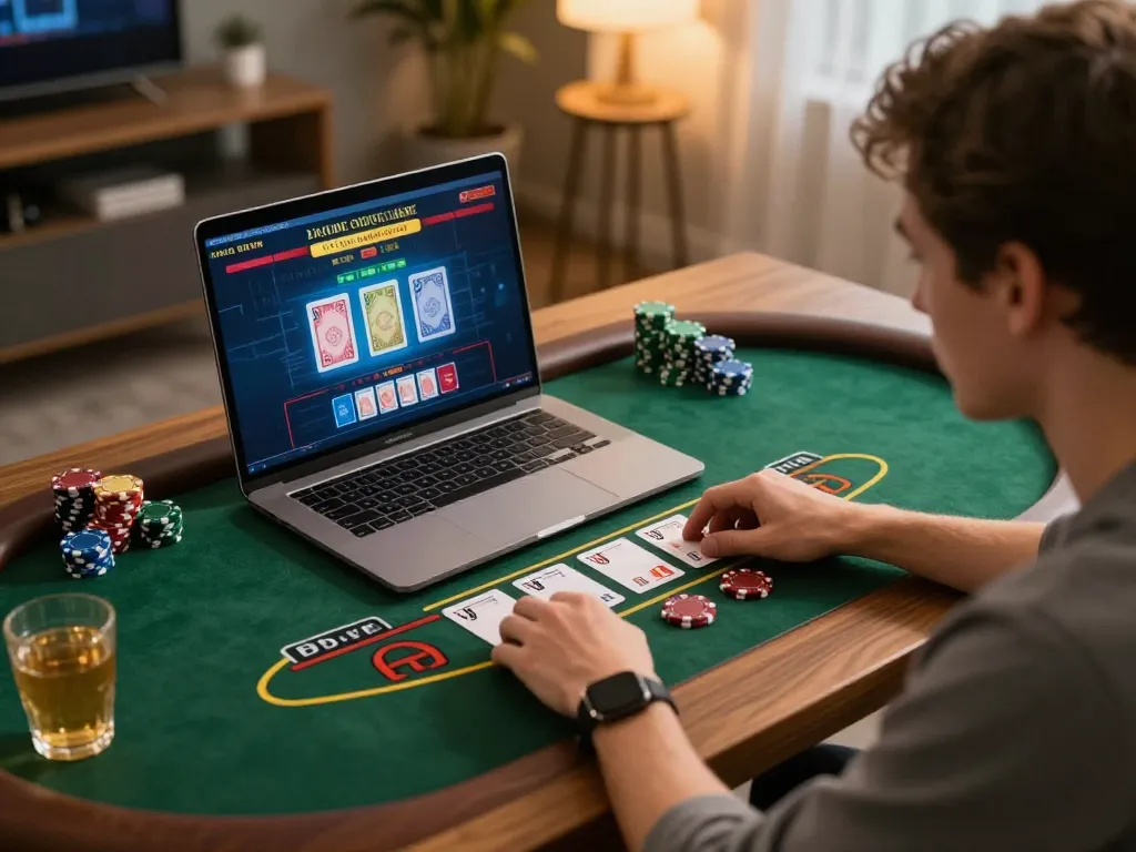 Player enjoying SV66's online blackjack game in a cozy home setting, showcasing strategic gameplay.