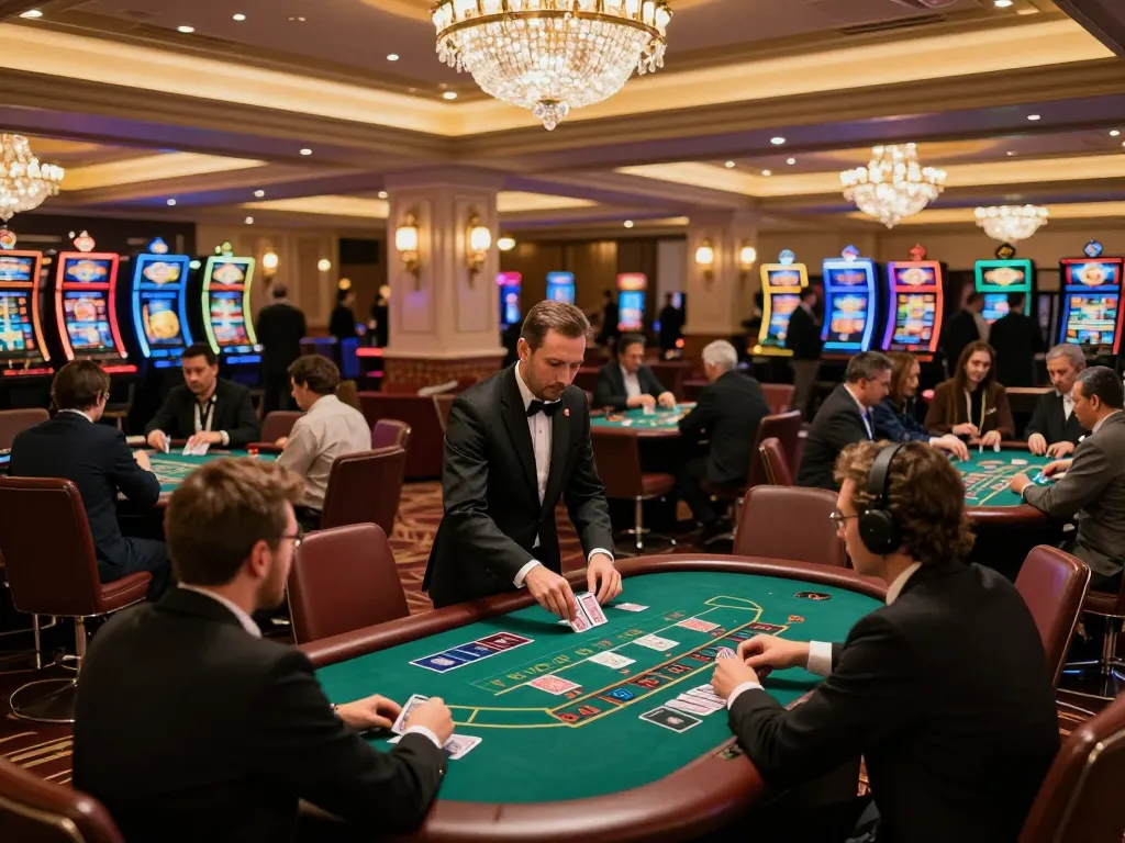 Pemain blackjack menikmati permainan strategis di kasino mewah yang menampilkan meja v87.