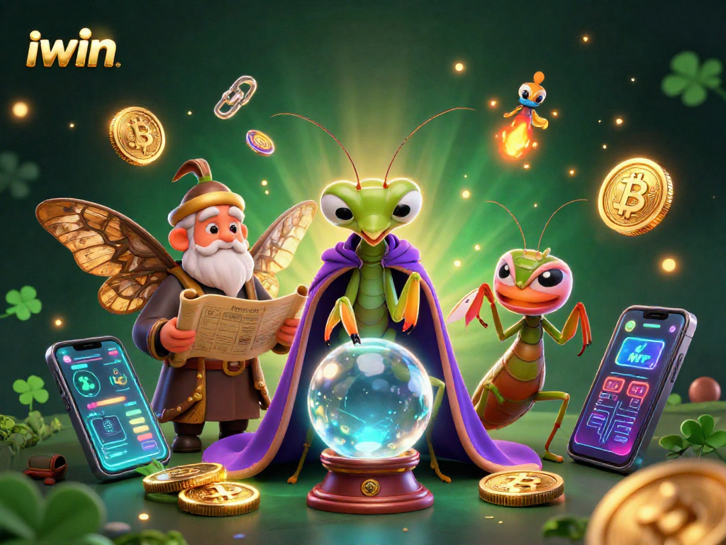 Experience iwin's fortune teller guide with mystical elements and cryptocurrency in this vibrant casino scene.