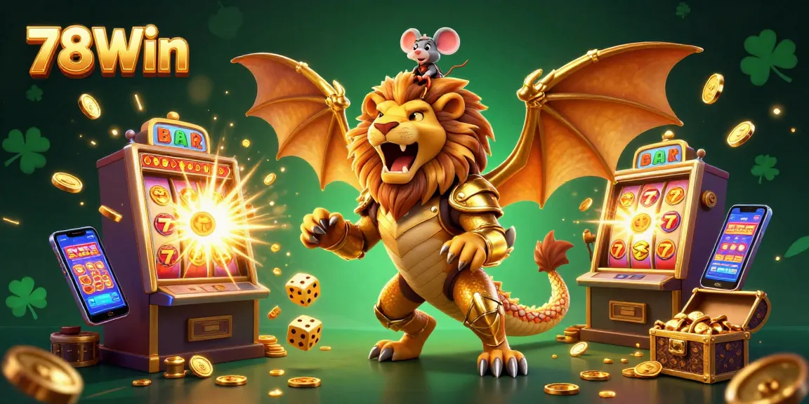 Engage with thrilling 78Win casino action featuring a winning chimera character amidst slot machines and jackpots.