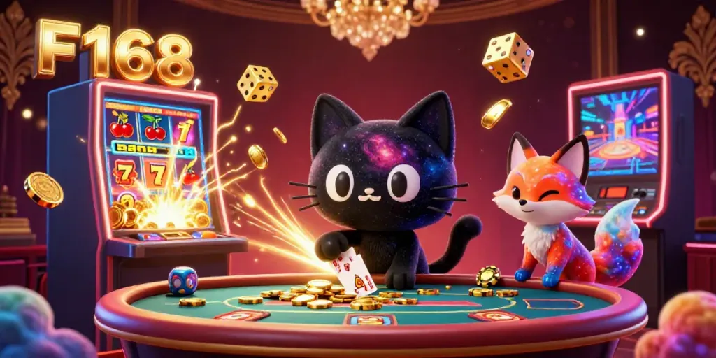 Experience winning moments with F168 at a cosmic casino table, featuring an animated black hole cat and vibrant game elements.