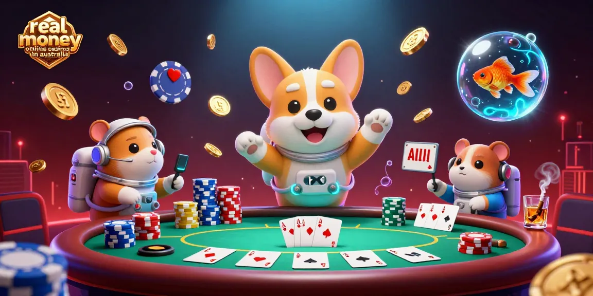 Experience real money online casinos in Australia with a corgi astronaut floating in a vibrant casino.