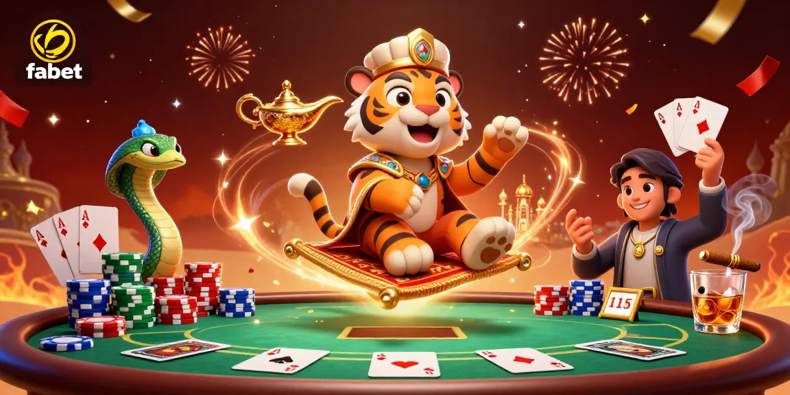 Experience the thrill of fabet with a vibrant 3D casino scene depicting a tiger sultan on a poker chip carpet.