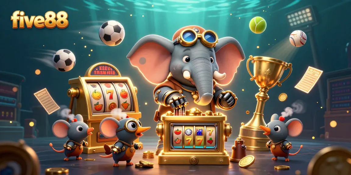 Engage in thrilling gaming with five88's dynamic steampunk-themed casino illustration featuring slot elements.