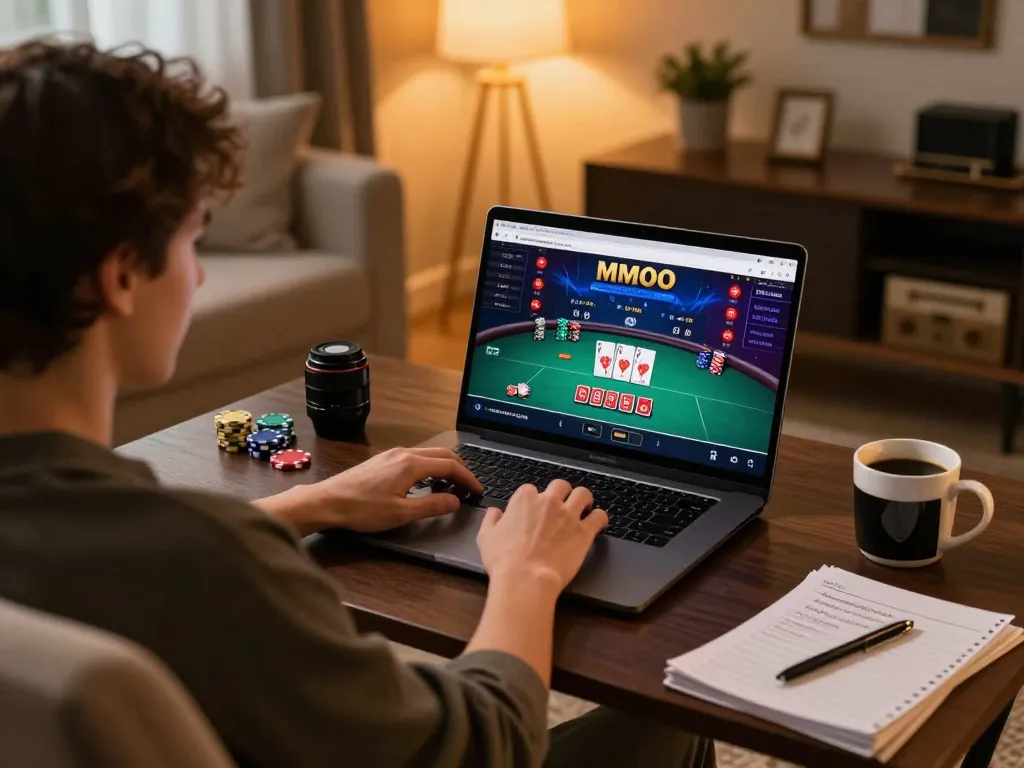 Player engaging with MMOO betting app on laptop for a thrilling online gaming experience