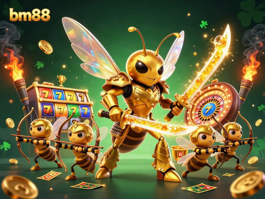 Engage in exciting gameplay at bm88, featuring a hornet warrior with dynamic slot reels and glowing casino elements.