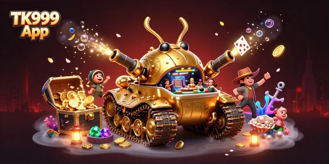 Engage with the TK999 App in a vibrant casino world featuring a golden beetle tank and dynamic gaming elements.