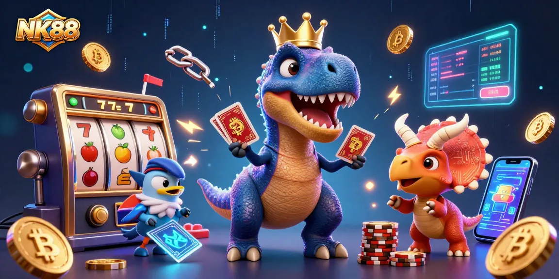 Engage with thrilling games and slots at NK88 while a friendly T-Rex deals cards in a colorful casino scene.