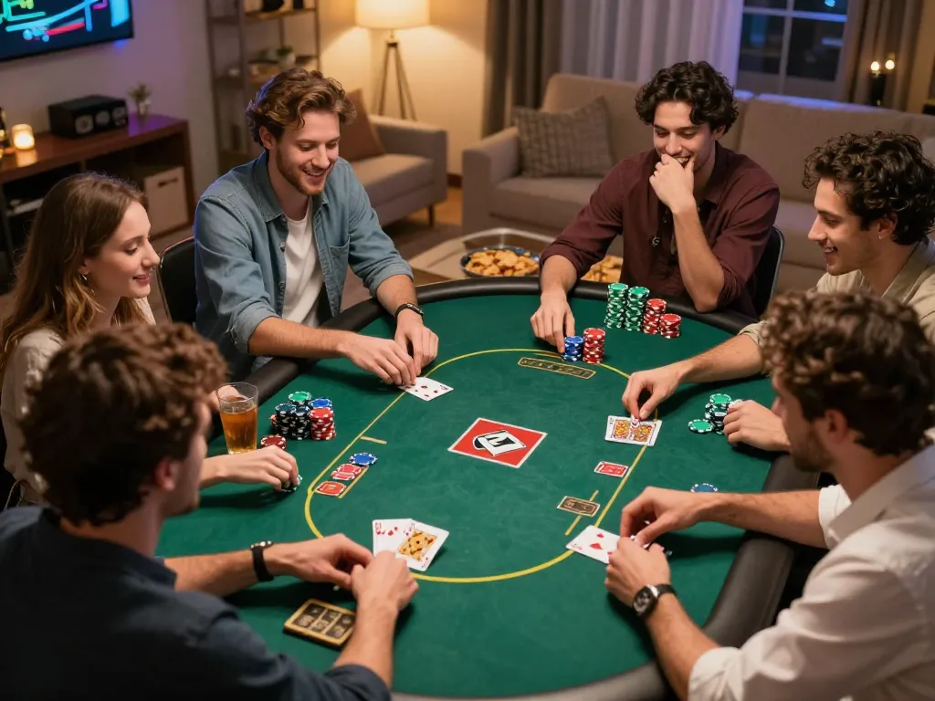 Players enjoying poker at home during a lively game night, showcasing cm88sm strategy and fun!
