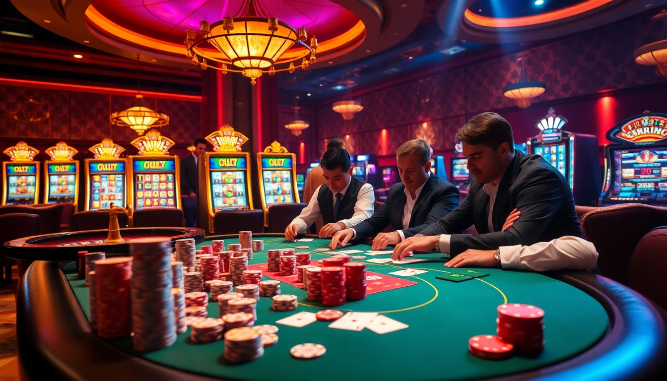 Engage in the excitement of okwin game at a luxurious casino scene with high-stakes poker and vibrant slot machines.