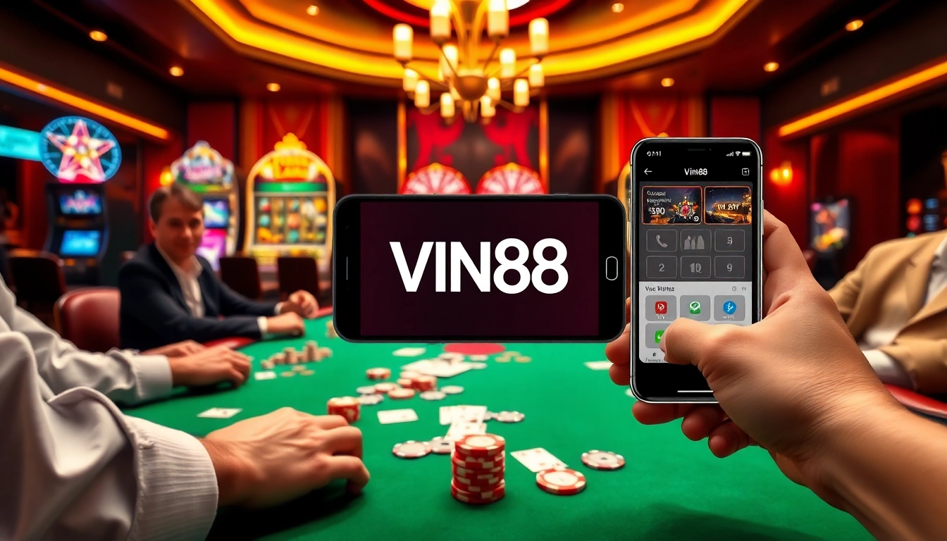 Experience a thrilling poker game with the VIN88 App showcased on a smartphone amidst casino excitement.