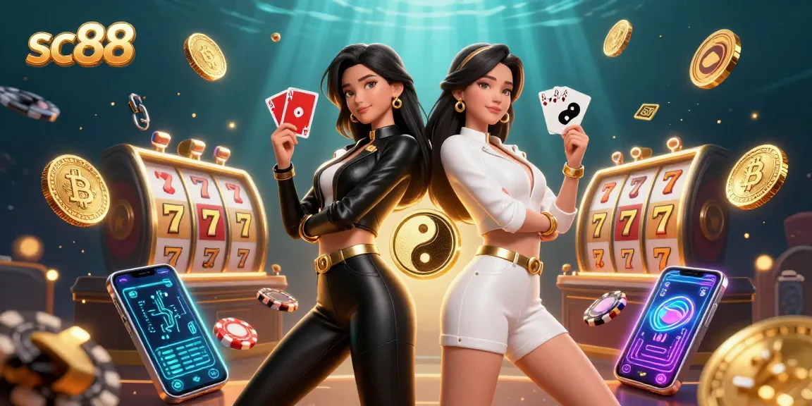 Engage in thrilling casino action with sc88, as twin Asian women showcase powerful card skills amidst dynamic slots and crypto elements.