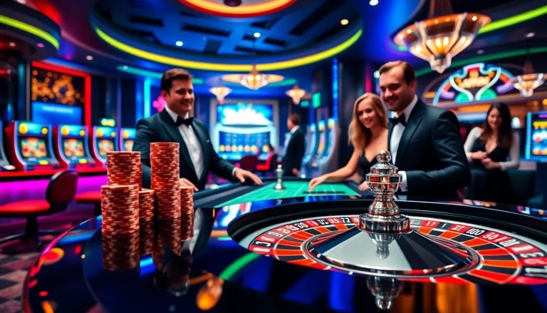 Players engaging in thrilling bets at vu88's modern roulette table in an upscale casino.
