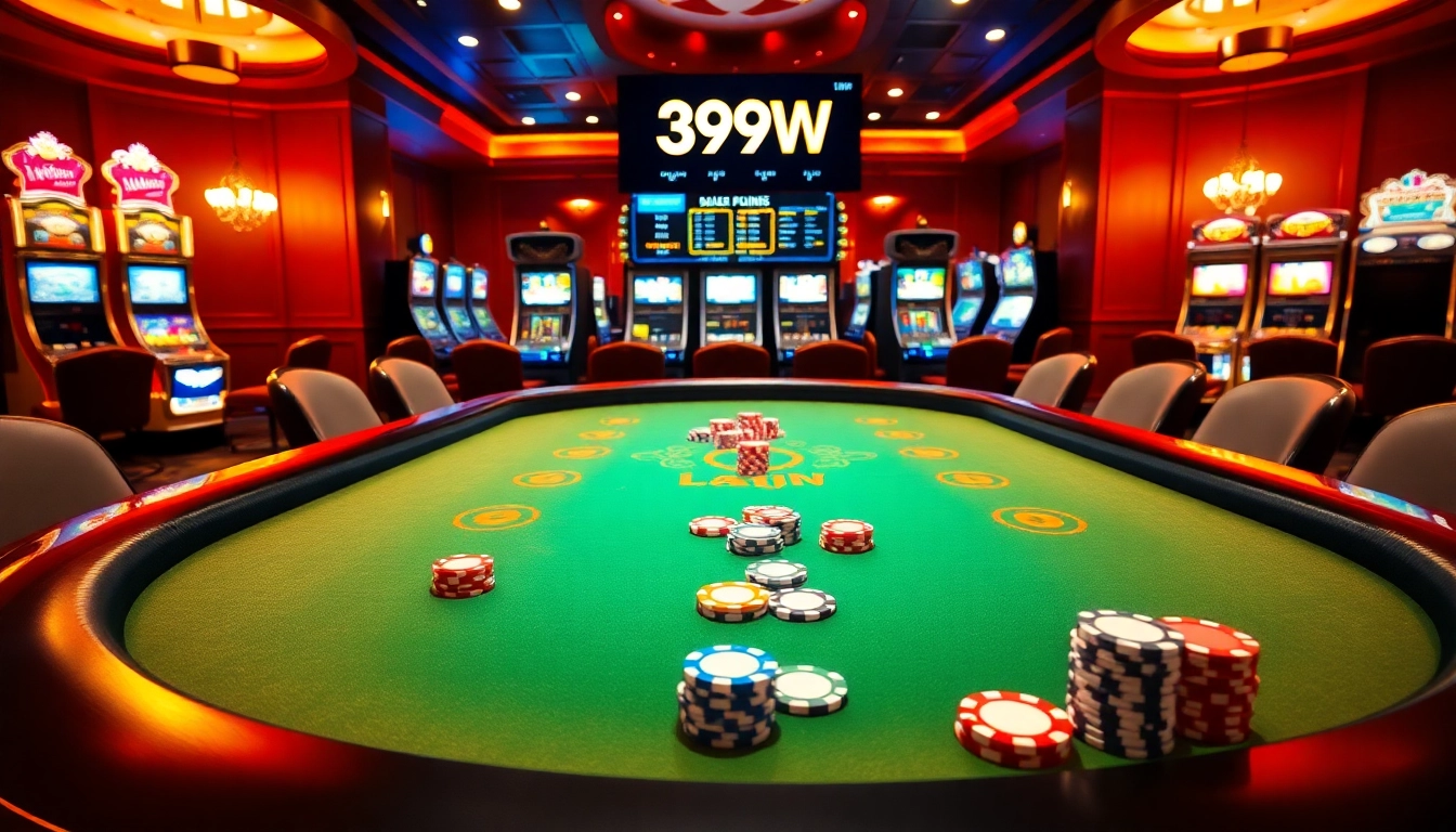 Exciting casino scene featuring 399W branding at a luxurious blackjack table and vibrant slot machines.