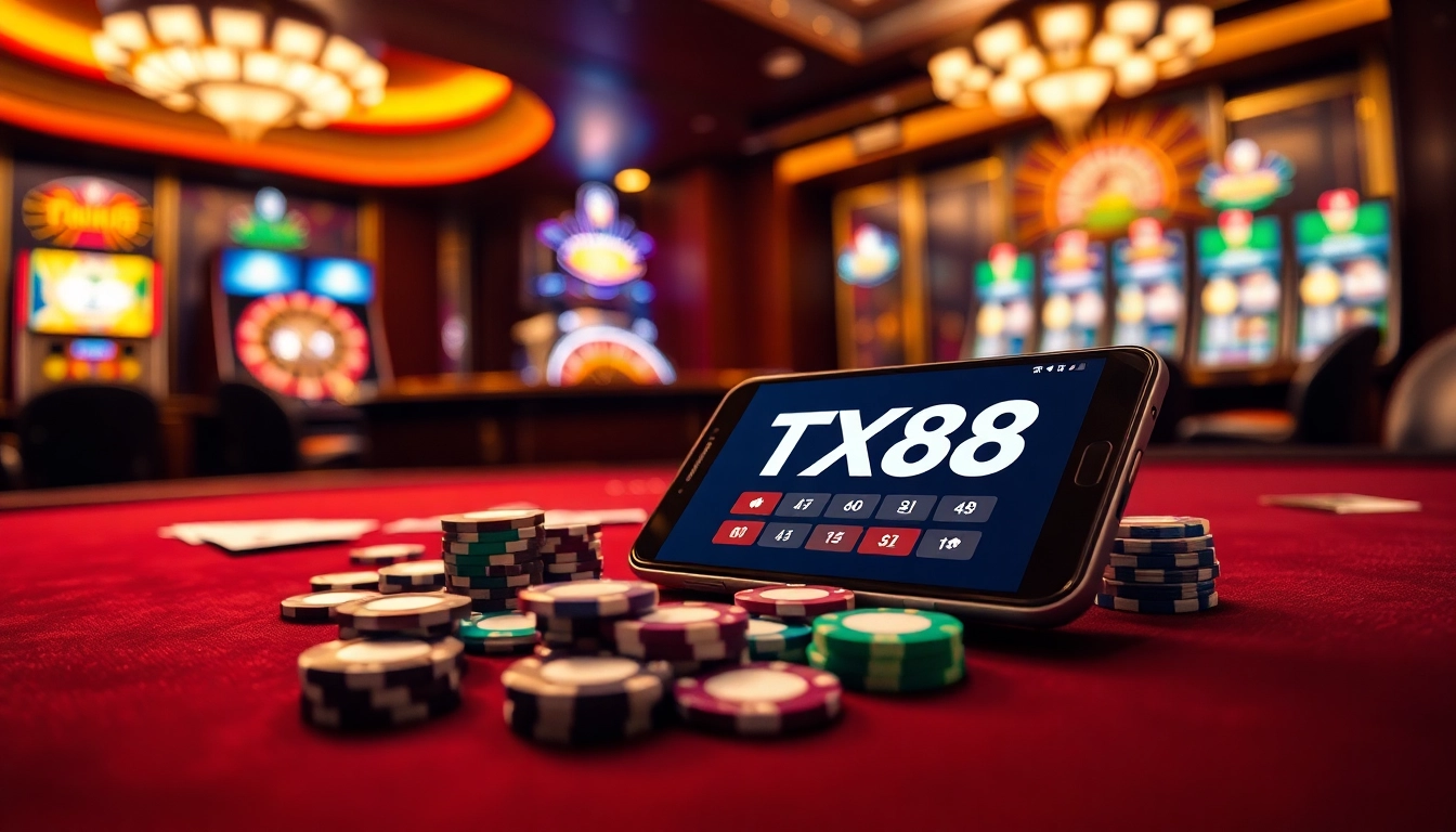 Engage with the TX88 App while playing poker at a luxurious casino table.