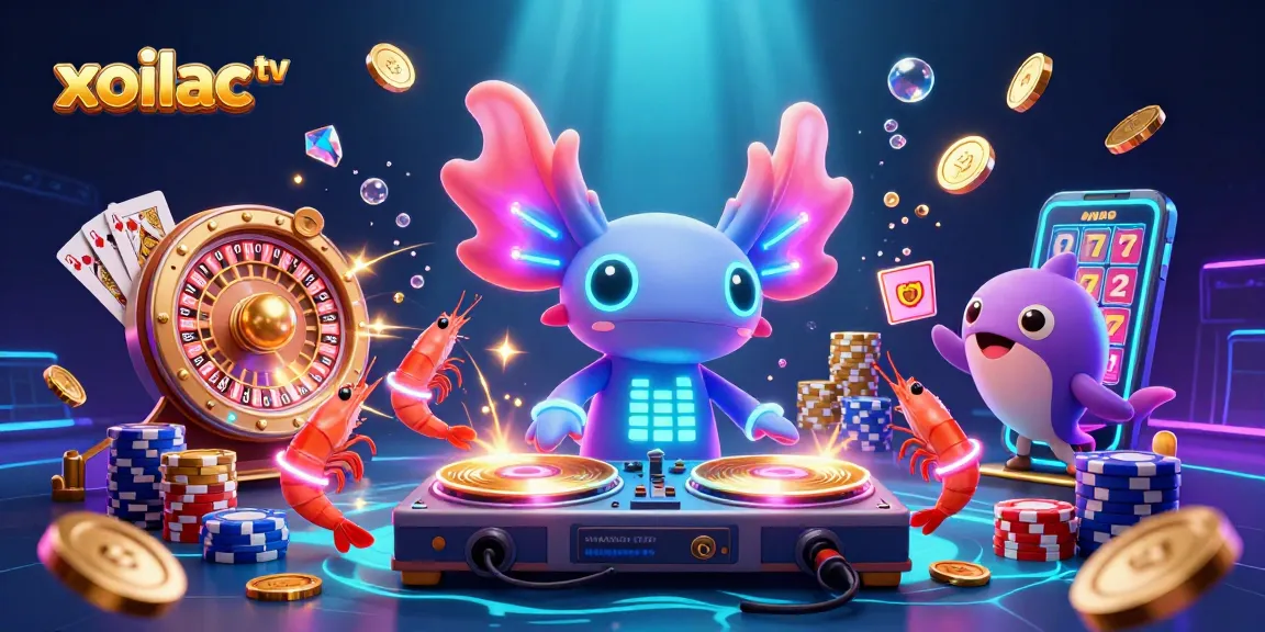 Experience xoilac tv's vibrant casino scene with neon axolotl DJ and animated shrimp.