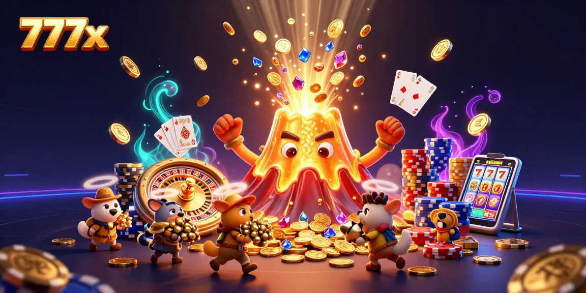 Spinning roulette wheel and golden volcano erupting at 777x casino with treasures flying.